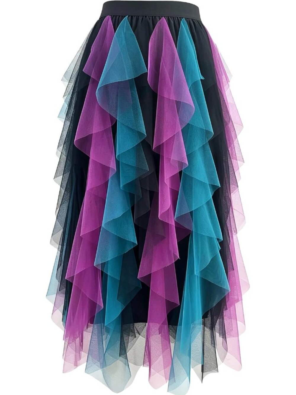 Women Black Teal High Waist Layered Tulle Mesh Ruffle Asymmetric Midi Tutu Skirt